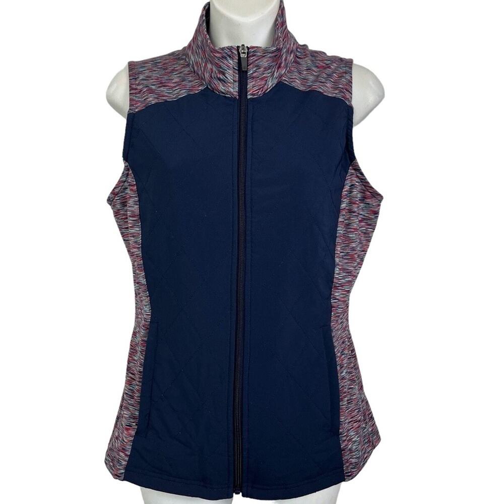 Soybou Quilted Navy Blue Stretch Knit Side Panel Full Zip Vest Jacket Athletic S